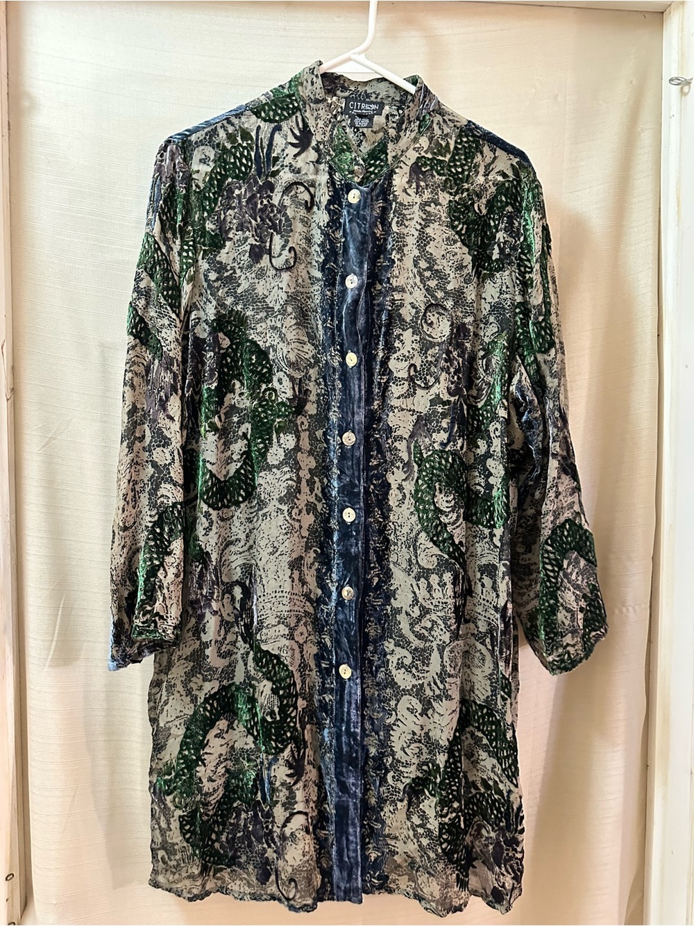 Citron Santa Monica Silk Rayon Burnout Button Top Asian Inspired Large